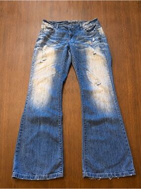 Bongo Y2K Distressed Flare Jeans Size 14 Low Rise Faded Denim